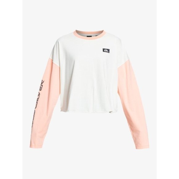 QUIKSILVER Cold Waves Crop Tee Sz  S White Pink Colorblock Logo Organic Cotton - Picture 1 of 16